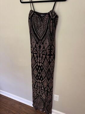 Black and Beige Patterned Maxi Dress -Strapless